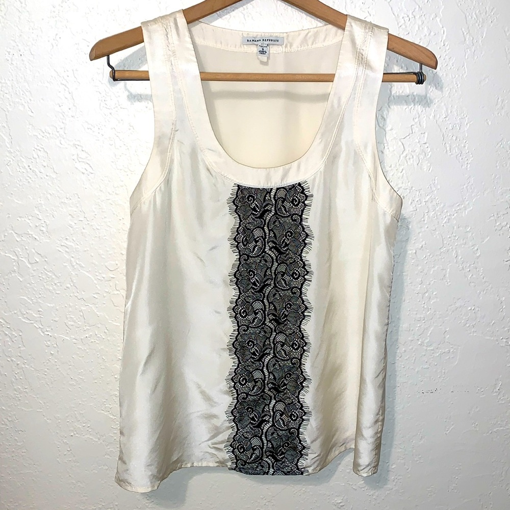Banana Republic Silk Tank Top Scoop Neck Cream With Black Eyelash Lace Small